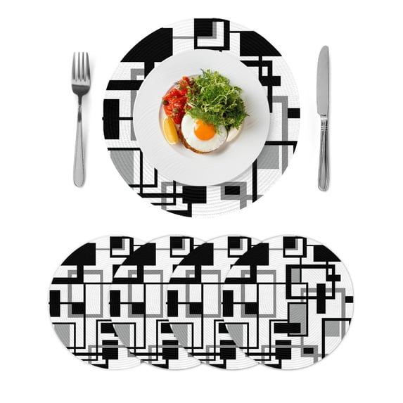 Black Grey Geometric Round 15 Inch Placemats Set of 4, Modern Abstract Art White HeatResistant Non Slip Place Mats for Dining Table, Wipeable Braided Kitchen Table Mats for Housewarming