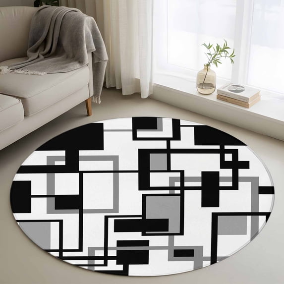 Black Grey Geometric Round Area Rug 3.3 FT, Non Slip Small Entryway Kitchen Mat, Modern Abstract Art White Washable Soft Circular Rug Non-Shedding Door Mat for Bathroom Playroom Kids Room