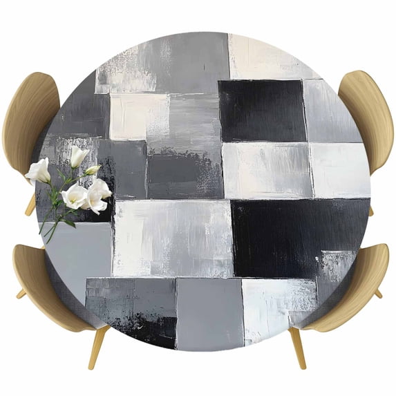 Black Grey Geometric Round Fitted Table Cover Modern Abstract Art Waterproof Table Cloth with Elastic Edge Wipeable Tablecloth for Picnic Camping Party Fits 36"-44" Diameter