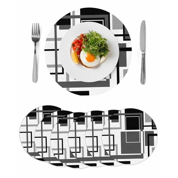 Black Grey Geometric Round Placemats Set of 6 for Dinning Tables,Heat-proof Braided Table Mats 13 Inch,Gray Abstract Striped Art Washable Place Mat for Kitchen Restaurant Party Decor Table Setting