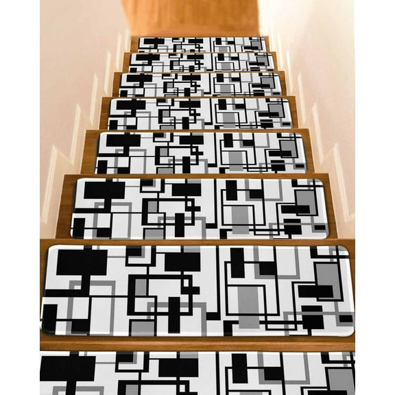 Black Grey Geometric Stair Treads for Wooden Steps Indoor Runner Rug Carpet, Modern Abstract Art White 10 Pieces Peel and Stick Staircase Step Treads Covers Washable Throw Door Mats, 30"x8"