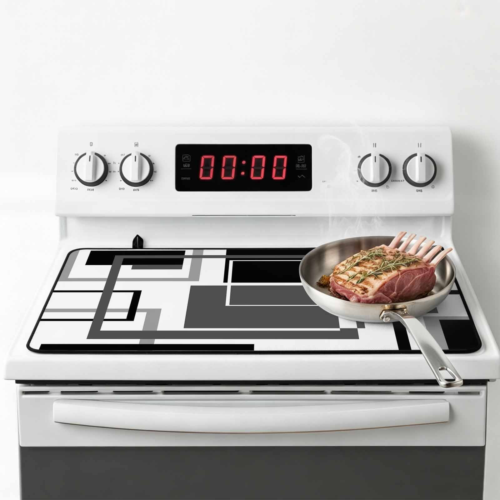 Black Grey Geometric Stove Top Cover for Electric Stove, Heat-proof & Non Slip Glass Top Stove Cover Protector, Gray Abstract Striped Art Kitchen Flat Cooktop Rubber Mat 24x21 Inches