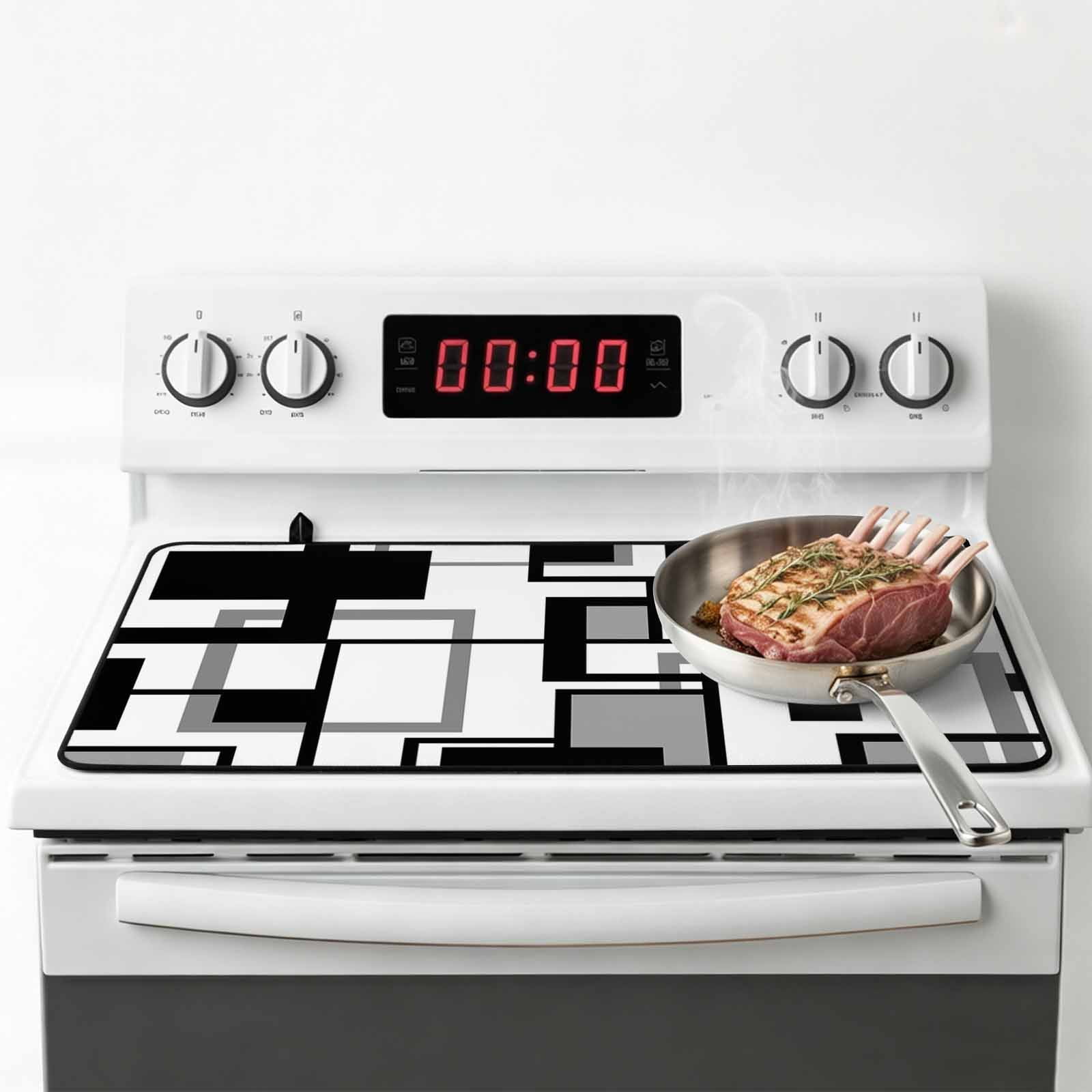 Black Grey Geometric Stove Top Cover for Electric Stove, Heat-proof & Non Slip Glass Top Stove Cover Protector, Modern Abstract Art White Kitchen Flat Cooktop Rubber Mat 24x21 Inches