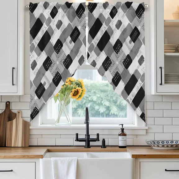 Black Grey Geometric Swag Curtain Valance for Windows, Modern Abstract Black White Grey Blocks Window Treatments Short Swag Topper for Kitchen Windows Bathroom Bedroom, 28"x36"