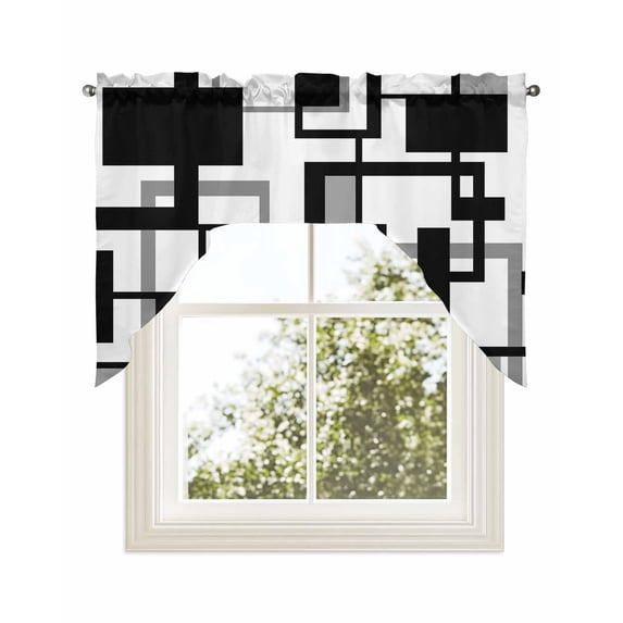 Black Grey Geometric Swag Valance for Windows 56'' x 36'', Modern Abstract Art White Light Filtering Kitchen Curtains Valances for Bathroom/Living Room/Bedroom/Café, Rod Pocket Curtain Panel