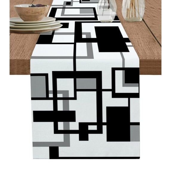 Black Grey Geometric Table Runner Modern Abstract Art White Tablerunners 13 x 108 Inch, Table Decorations Tabletop Scarf for Summer Gathering Holiday Farmhouse Kitchen Dining Decor