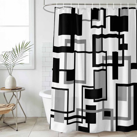 Black Grey Geometric Waterproof Shower Curtain, Large 72"x84" Washable Polyester Fabric Shower Curtains for Bathroom, Modern Abstract Art White Decorative Bathtub Curtain Sets with Hooks