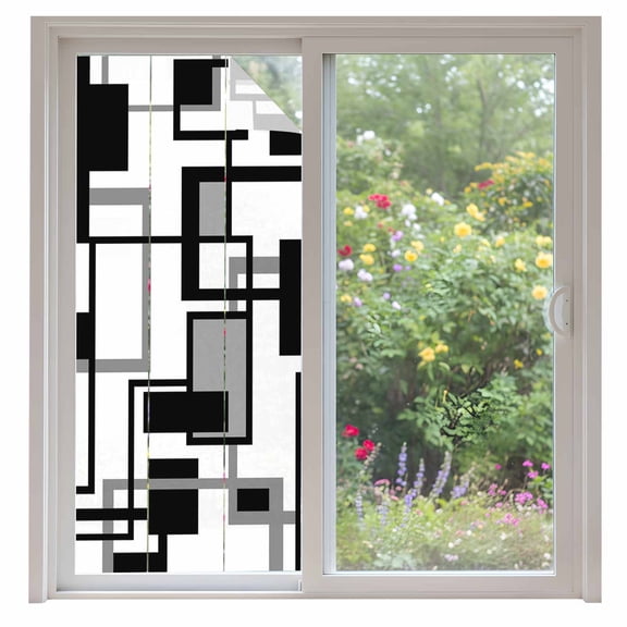 Black Grey Geometric Window Privacy Film, Modern Abstract Art White Static Cling UV Sun Blocking Heat Control Window Tint Day and Night, Non-Adhesive One Way Windows Privacy Cover 35.4''x78.7''