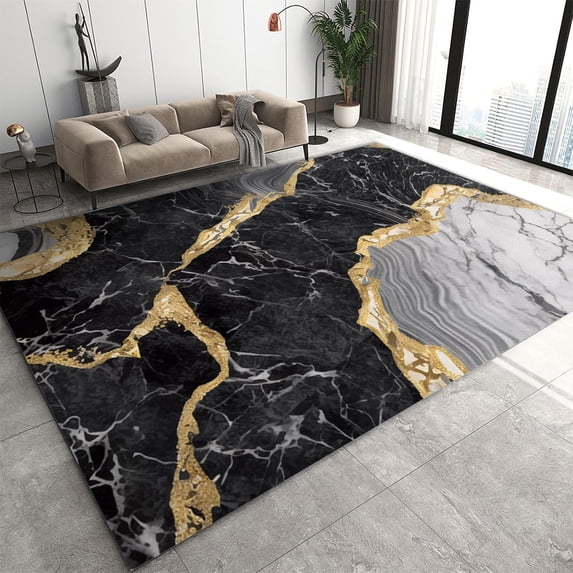 Black Grey Gold Area Rugs 5'x6', Vintage Modern Abstract Marble Pattern Carpet for Living Room Bedroom, Soft Washable Art Deco Rug for Dining Table Farmhouse Home Office Floor Rug