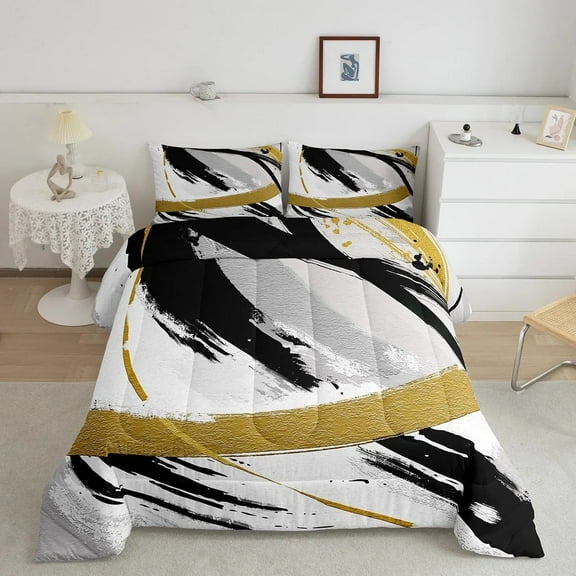 Black Grey Gold Bedding King Brush Strokes Oil Painting Comforter Set, Gradient Abstract Vintage Duvet Insert Ombre Graffiti Down Comforter, Contemporary Modern Bedding Comforter Sets