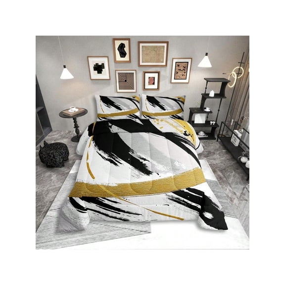 Black Grey Gold Comforter Set Queen Brush Strokes Oil Painting Bedding Set Gradient Abstract Vintage Bedding Comforter Sets Ombre Graffiti Duvet Set Contemporary Modern Quilted Comforter