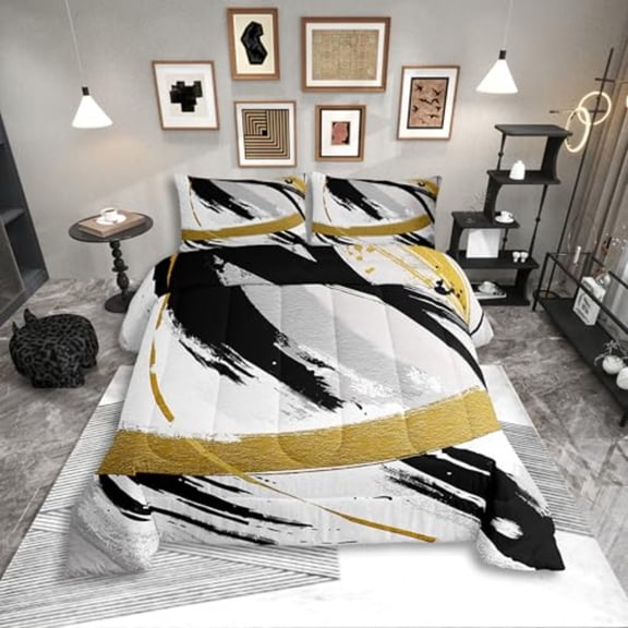 Black Grey Gold Comforter Set Queen Brush Strokes Oil Painting Bedding Set Gradient Abstract Vintage Bedding Comforter Sets Ombre Graffiti Duvet Set Contemporary Modern Quilted Comforter