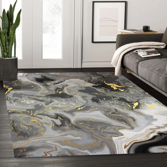 Black Grey Gold Liquid Marble Swirl Modern Abstract Rug For Living Room Bedroom Lux Art Decor Washable Soft Carpet Under Dining Table Office Kitchen Rugs 5x7ft