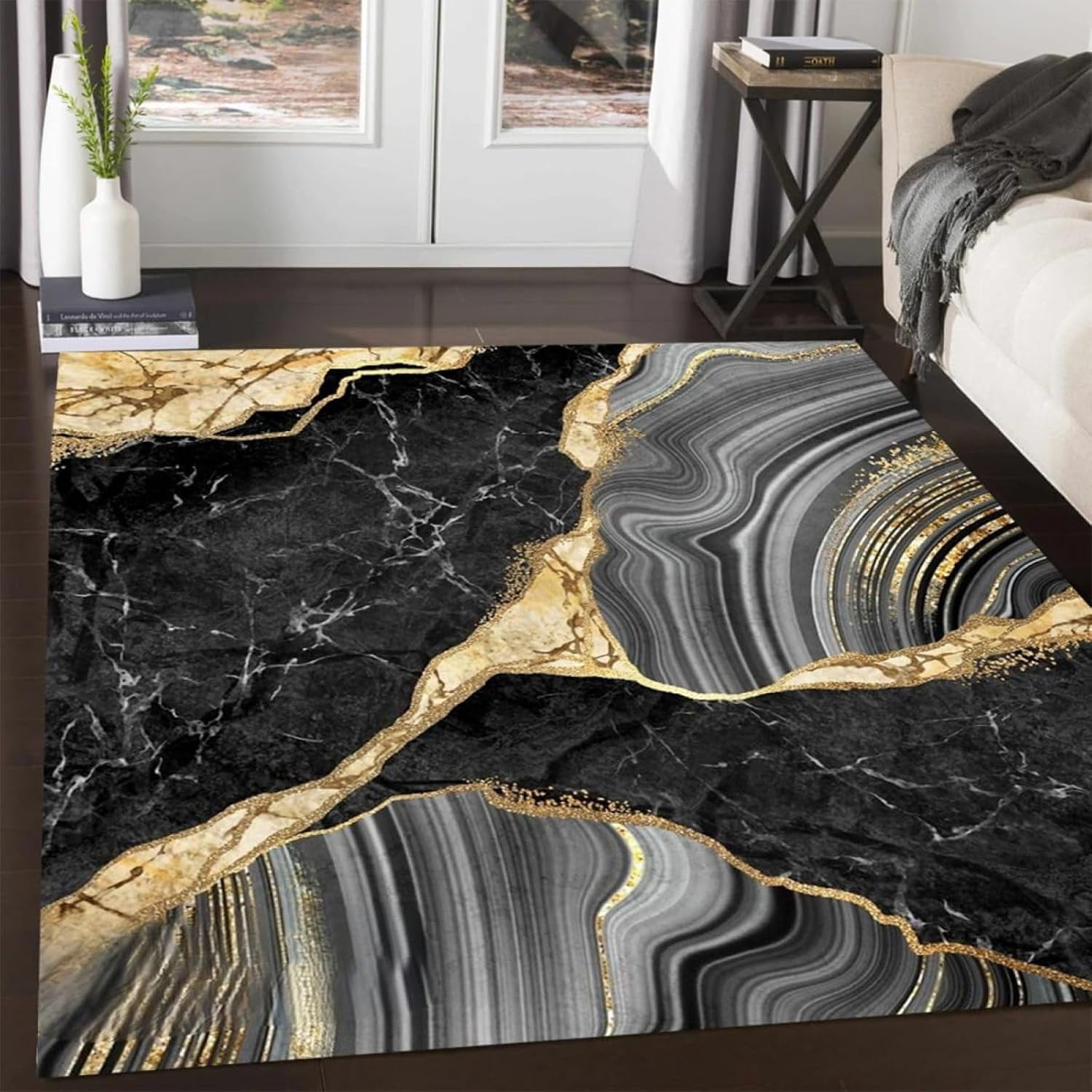 Black Grey Gold Marble Area Rug, Contemporary Aesthetics Living Room