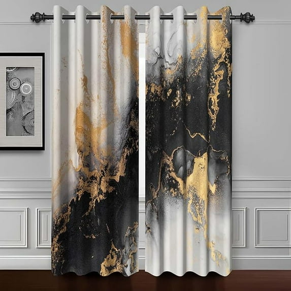 Black Grey And Gold Marble Blackout Curtains For Bedroom Living Room Modern Luxury Design Gray And Gold Darkening Grommet Window Drapes Abstract Art Black Gold Curtains 42"W x 108"L (Pack of 2)