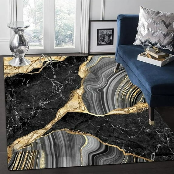 Black Grey Gold Marble Texture Modern Abstract Aesthetic Area Rug Minimalist Art Decor Rug For Living Room Bedroom Dining Room Indoor Kitchen Hallway Carpet 5 x 6ft