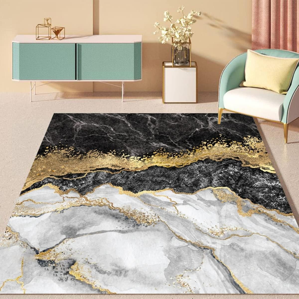 Black Grey Gold Marble Texture Modern Abstract Area Rug 4x5ft Washable ...