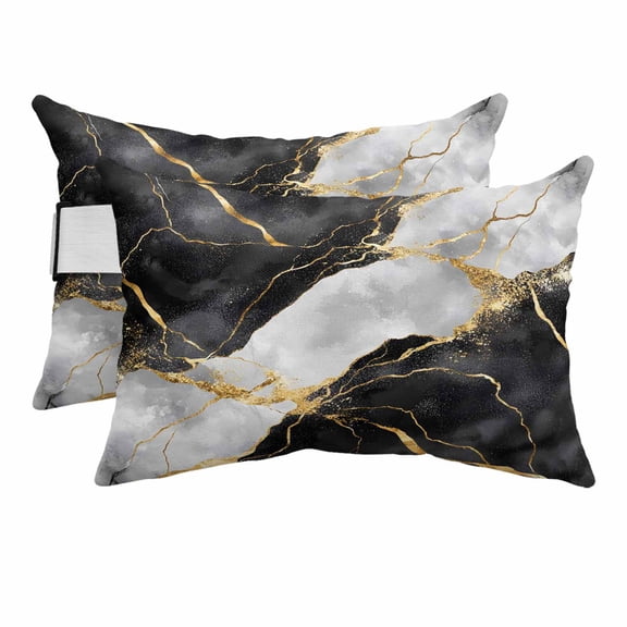 Black Grey Gold Marble Texture Outdoor Pillow for Chaise Lounge Chair,Luxury Pattern Flow Stone Waterproof Headrest Lumbar Pillows with Insert&Elastic Strap for Patio Pool Garden Chairs Decor,2 Pack
