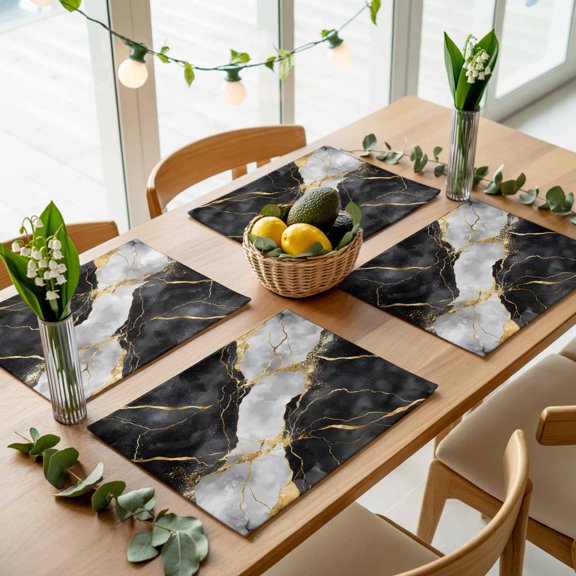 Black Grey Gold Marble Texture Placemats Set of 4,Wipeable Washable Table Mats for Dining Tables, Luxury Pattern Flow Stone Place Mats for Kitchen Event Party Tabletop Decor