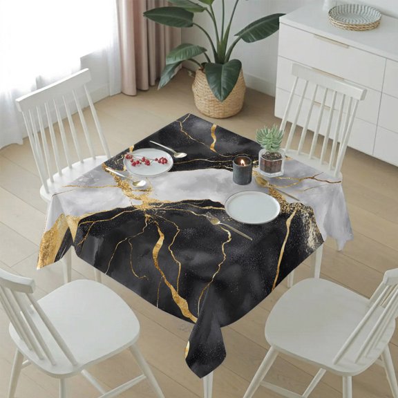 Black Grey Gold Marble Texture Table Cloth 54x54in, Waterproof Square Tablecloth Wipeable Tablecloths Luxury Pattern Flow Stone Table Covers for Dining Tables Party Indoor Outdoor