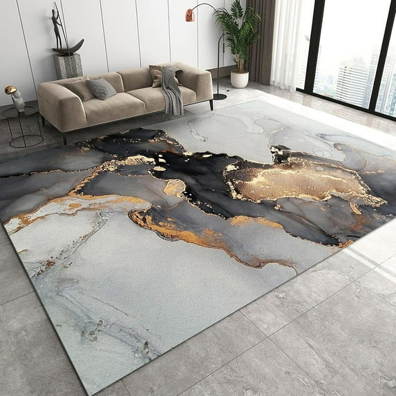 Black Grey Gold Plated Marble Corrugated Carpet, Non-slip Foldable Breathable Area Mat For Living Room Bedroom Entryway Corridor Dining Table Porch 1x2ft