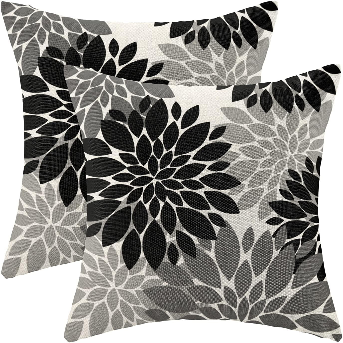 Black Grey Gray Pillow Covers 20x20 Inch Set of Dahlia Floral