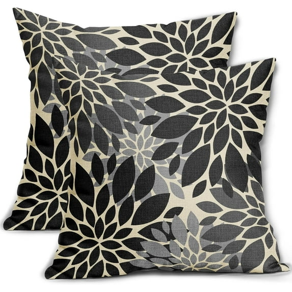 Black Grey Gray Pillow Covers 20x20 Set of 2 Modern Dahlia Floral Decorative Outdoor Pillowcases Geometric Art Flower Farmhouse Throw Cushion Case Decor for Couch Sofa Bed