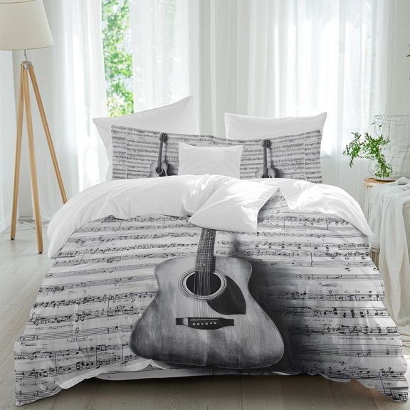Black Grey Guitar 4 Piece Duvet Cover Set Queen Size Vintage Black White Guitar Sheet Music Background Soft Bedding Set Comforter Cover, 1 Duvet Cover 1 Flat Sheets and 2 Pillowcases