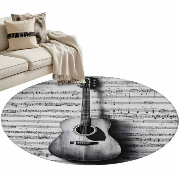 Black Grey Guitar Area Rug, Vintage Black White Guitar Sheet Music Background Washable Large Circle Carpet, Non Slip Round Rug for Living Room/Bedroom/Dining Room/Home Office/Dorm
