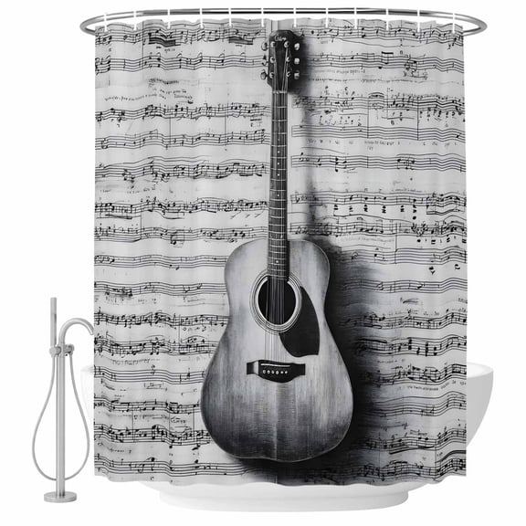 Black Grey Guitar Bathroom Shower Curtains with Hooks, Vintage Black White Guitar Sheet Music Background Waterproof Fabric Washable Shower Curtain for Home Hotel Bathtub Decor 36x72 Inch