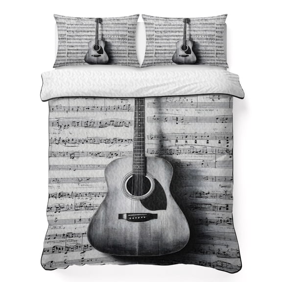 Black Grey Guitar California King Quilt Bedding Set, Vintage Black White Guitar Sheet Music Background Lightweight Comforter with 2 Pillow Shams Bedroom Bedspread Set Home Decor for All Seasons