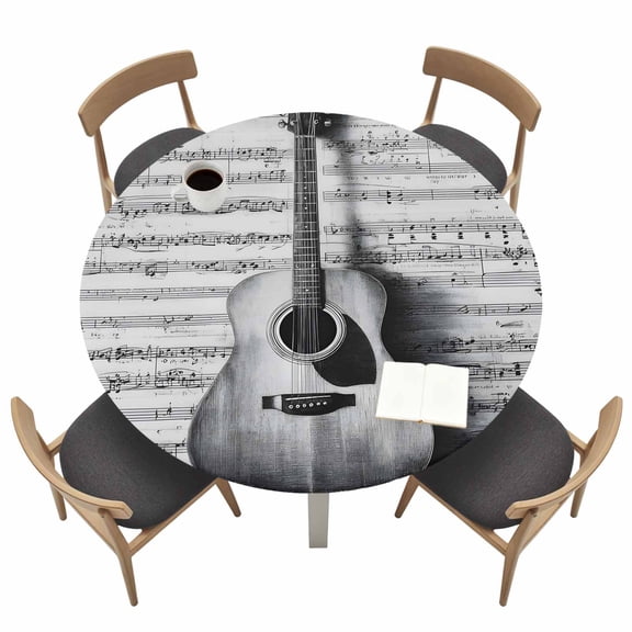 Black Grey Guitar Fitted Tablecloth with Elastic Edged, Round Table Cloth for Dining Table, Vintage Musical Guitar Sheet Abstract Waterproof Oil Proof Table Cover for Indoor Outdoor 36"-44"