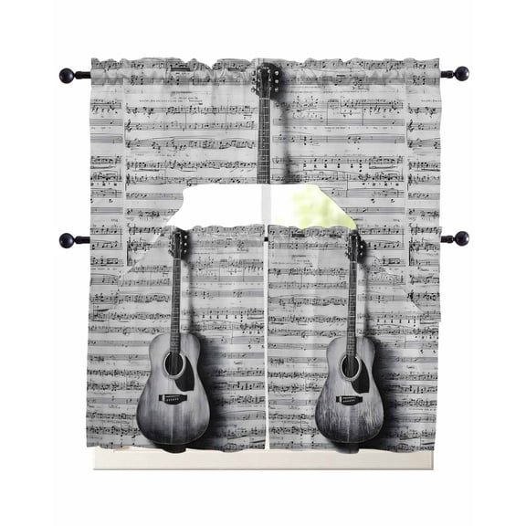 Black Grey Guitar Kitchen Curtain and Valance Set 3 Pieces,Rod Pocket Short Tier Curtains 24 Inch Length,Vintage Musical Guitar Sheet Abstract Swag Topper Small Window Treatment for Cafe Bedroom