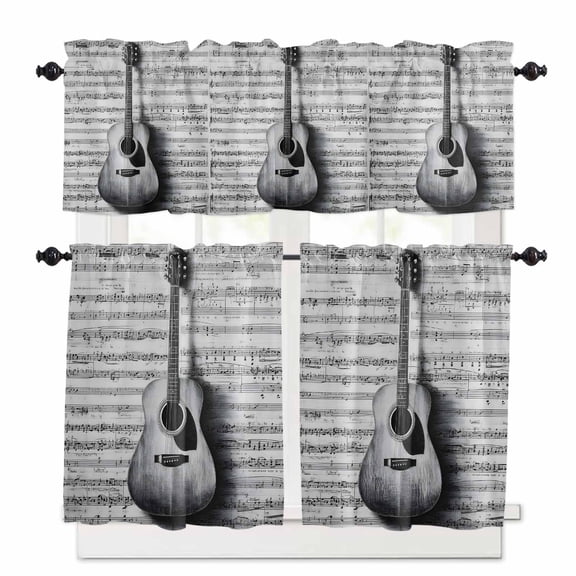Black Grey Guitar Kitchen Curtains Valance and Tier Set Vintage Black White Guitar Sheet Music Background Short Curtains for Small Window 3 Pieces Set for Bedroom Bathroom Cafe (54" x 18"+27" x 24")