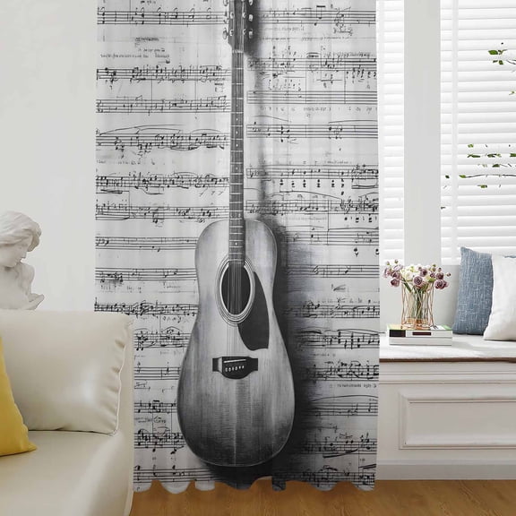 Black Grey Guitar Semi Sheer Curtains Drapes for Living Room,Bedroom,French Doors Window 45 Inches Long,Vintage Musical Guitar Sheet Abstract Rod Pocket Chiffon Curtain Drapery Voile Draperies Panel
