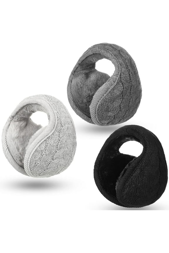 (Black, Grey, Heather Grey,3 Pieces), Foldable Ear Warmers Adjustable Knitted Earmuffs with Fuzzy Fleece Lining Unisex Furry Winter Earmuffs  Adult size