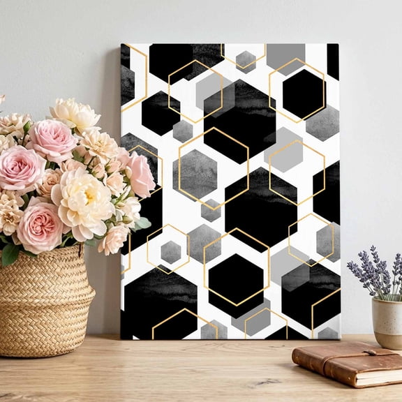 Black Grey Hexagon Canvas Wall Art, Abstract Geometric Framed Canvas Wall Decor Picture Print Artwork Decorations for Living Room Office Ready to Hang 32" x 24"