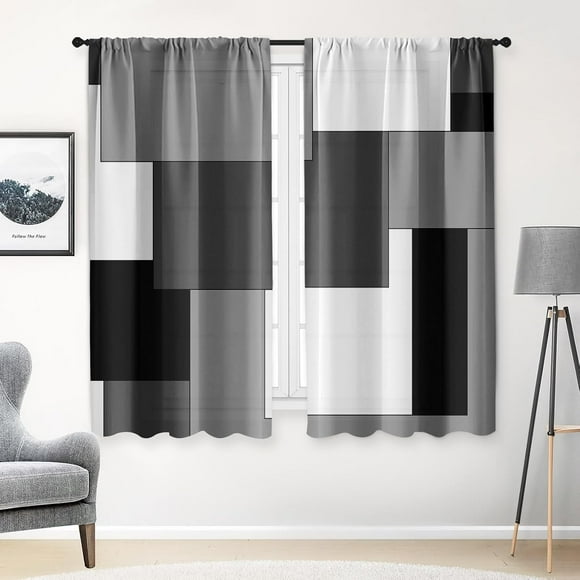 Black Grey Kitchen Curtains 63 Inch Length Geometric Window Curtains Over Sink Set of 2, Gray White Curtain for Bedroom Living Room, Modern Abstract Kitchen Decor 42x63 Inch