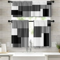 Black Grey Kitchen Curtains Dark Grey Window Curtains Valance and Tier Set 36 Inch, White Modern Rod Pocket Short Tier Curtain for Bathroom, Abstract Small Cafe Curtains for Living Room