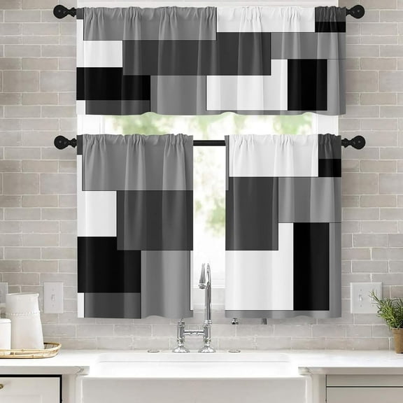 Black Grey Kitchen Curtains Dark Grey Window Curtains Valance and Tier Set 36 Inch, White Modern Rod Pocket Short Tier Curtain for Bathroom, Abstract Small Cafe Curtains for Living Room