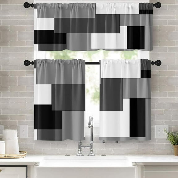 Black Grey Kitchen Curtains Dark Grey Window Curtains Valance and Tier Set 36 Inch, White Modern Rod Pocket Short Tier Curtain for Bathroom, Abstract Small Cafe Curtains for Kitchen Decor