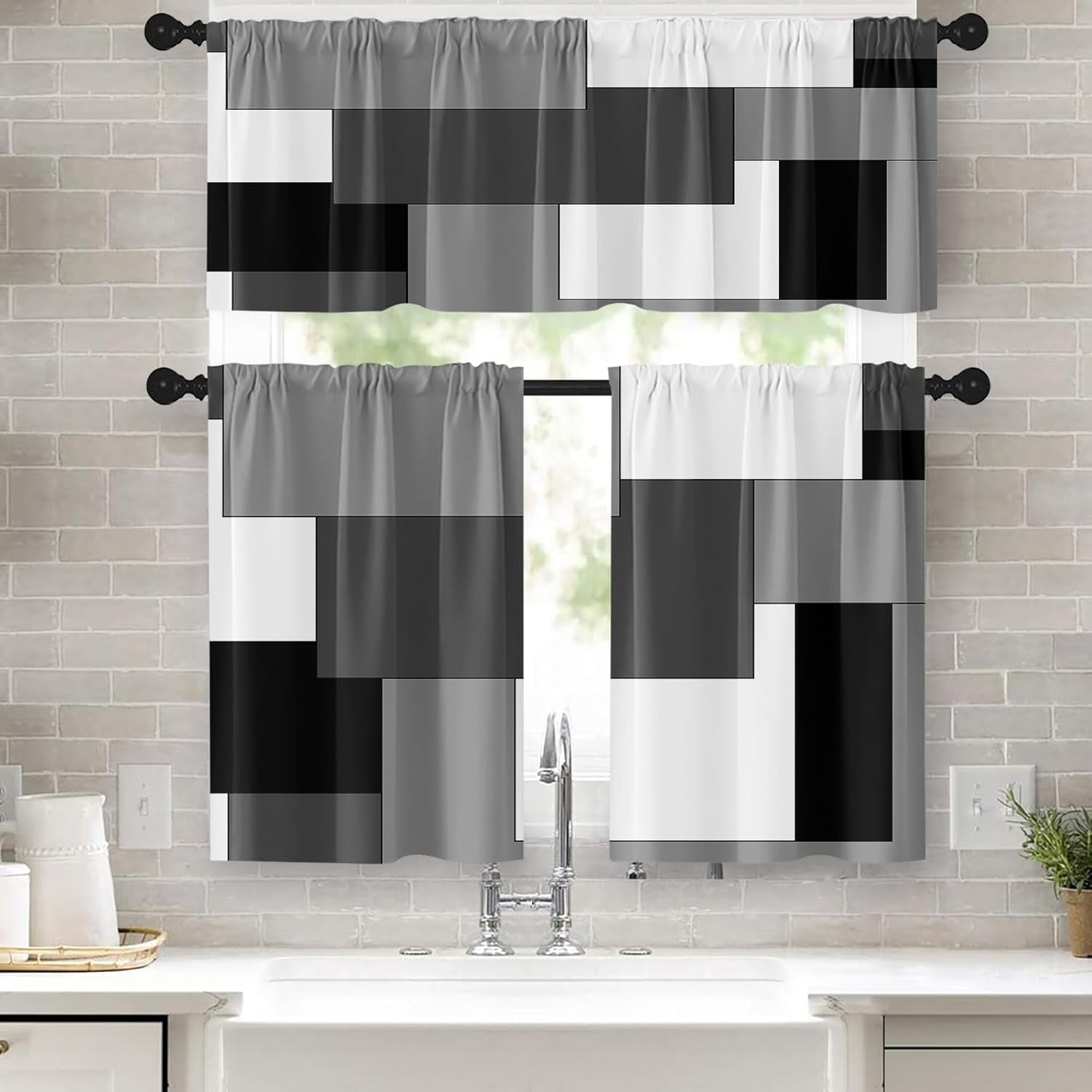 Black Grey Kitchen Curtains Dark Grey Window Curtains Valance and Tier