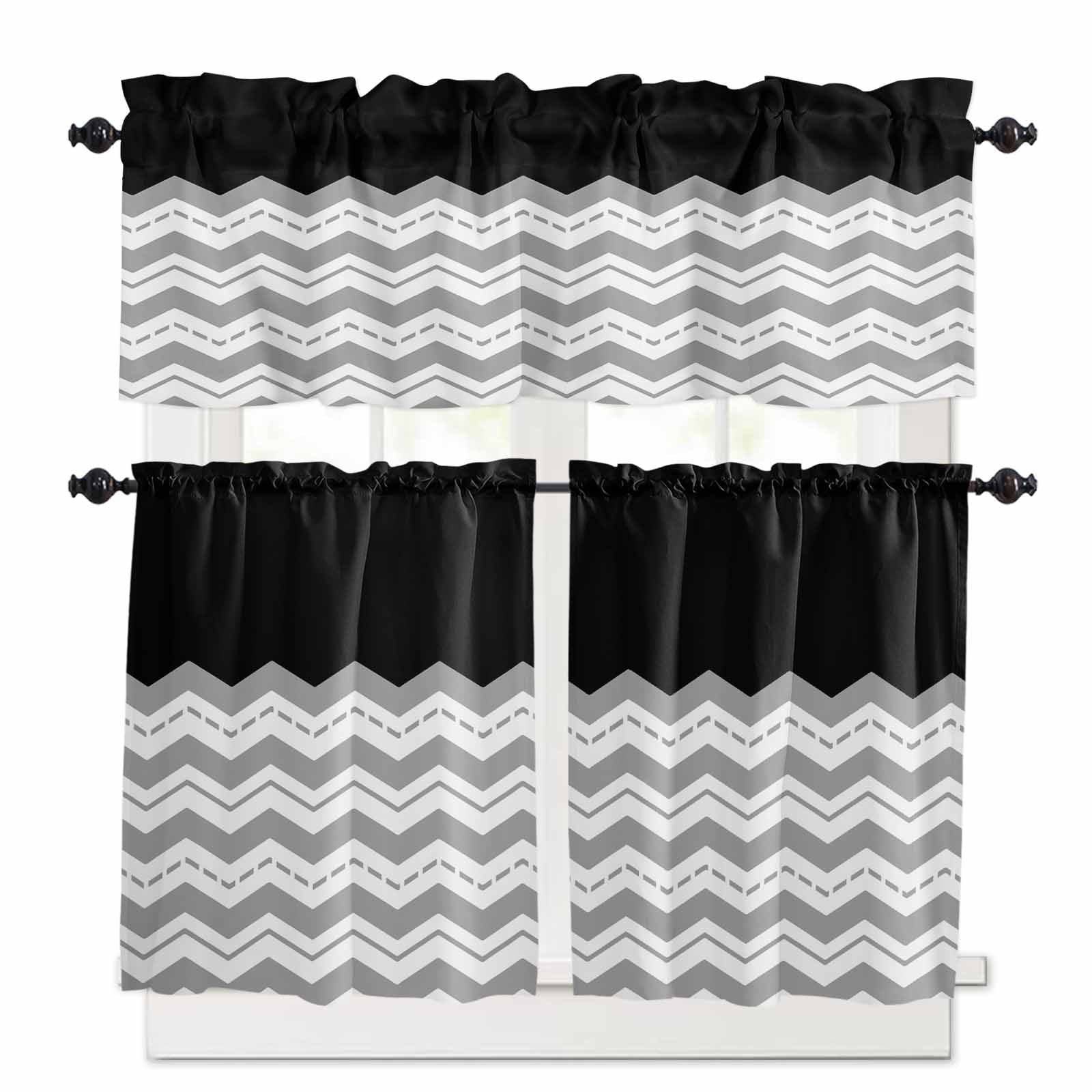 Black Grey Kitchen Curtains Set for Windows 3 Pieces,24 Inch Length