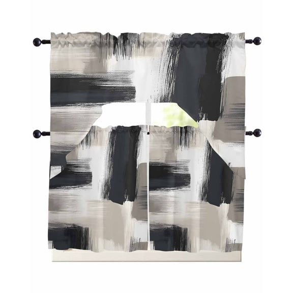 Black Grey Kitchen Curtains Sets 24 Inch Length with Valance, Geometric Vintage Retro Oil Painting Swag Valances and Tiers Curtain Set Drapes Swag Curtains for Living Room, Bathroom, Bedroom, Cafe