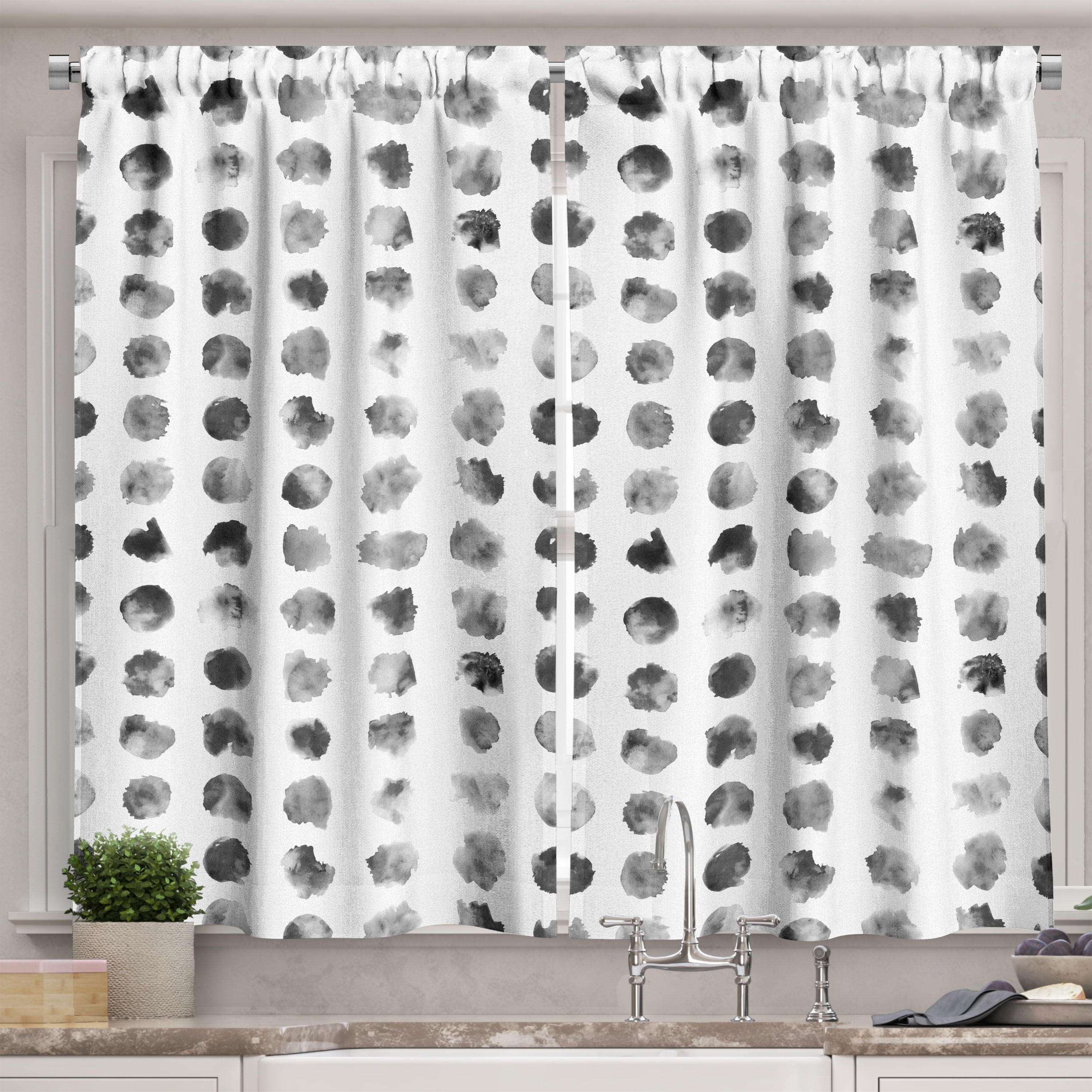 Black and Grey Kitchen Curtains, Watercolor Circle Blobs or Splashes in