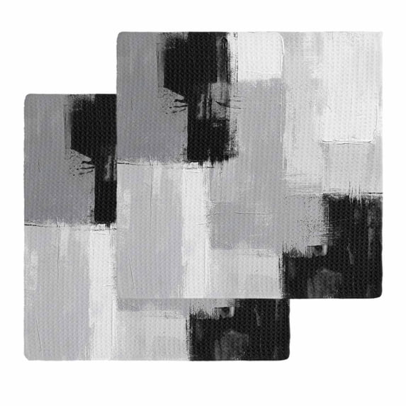 Black Grey Kitchen Dish Towels for Drying Dishes Set of 2, Abstract Geometric Color Block Oil Painting Waffle Weave Microfiber Hand Tea Bathroom Towels Quick Dry & Absorbent Towel 12x12