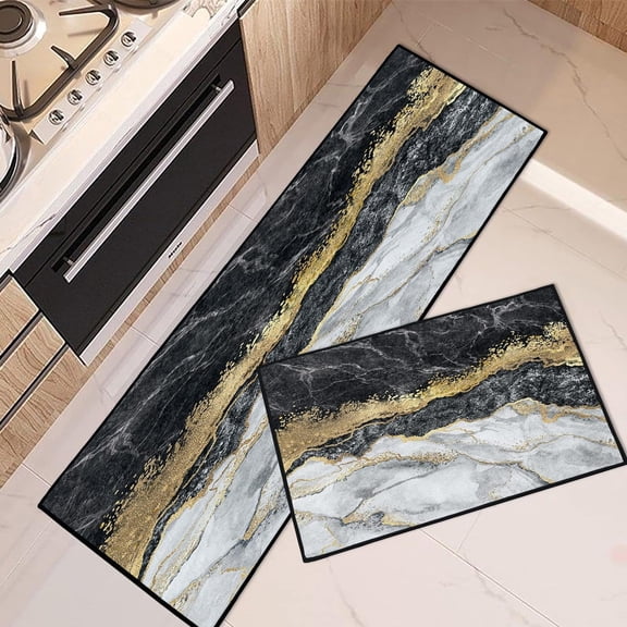 Black Grey Kitchen Rugs and Mats Non Skid Washable Set of 2, Abstract Marble Kitchen Runner Rug, Modern Luxury Gold Under Sink Mats for Kitchen Floor Decor