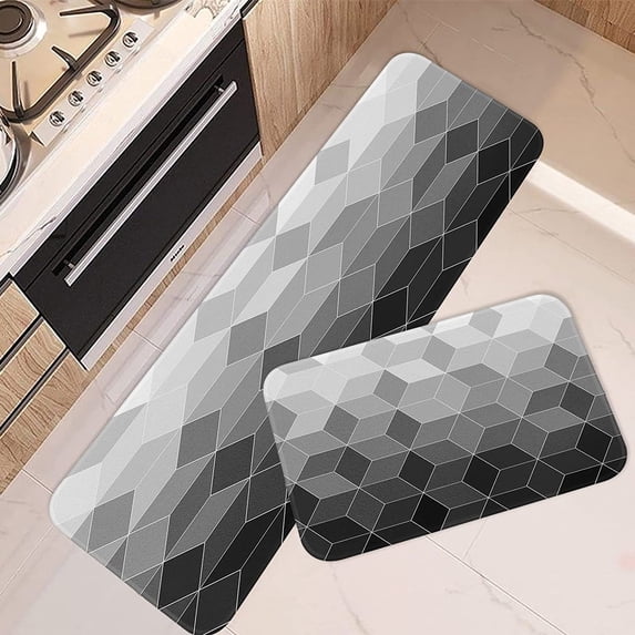 Black Grey Kitchen Rugs and Mats Non Skid Washable Set of 2, Ombre Geometric Grid Diamond Kitchen Runner Rug, Modern Simple Abstract Under Sink Mats for Kitchen Floor Decor