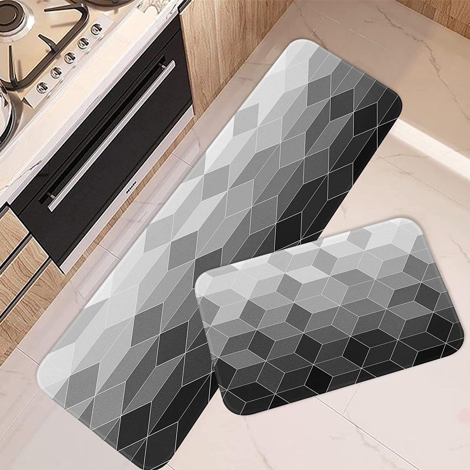 Black Grey Kitchen Rugs and Mats Non Skid Washable Set of 2, Ombre Geometric Grid Diamond