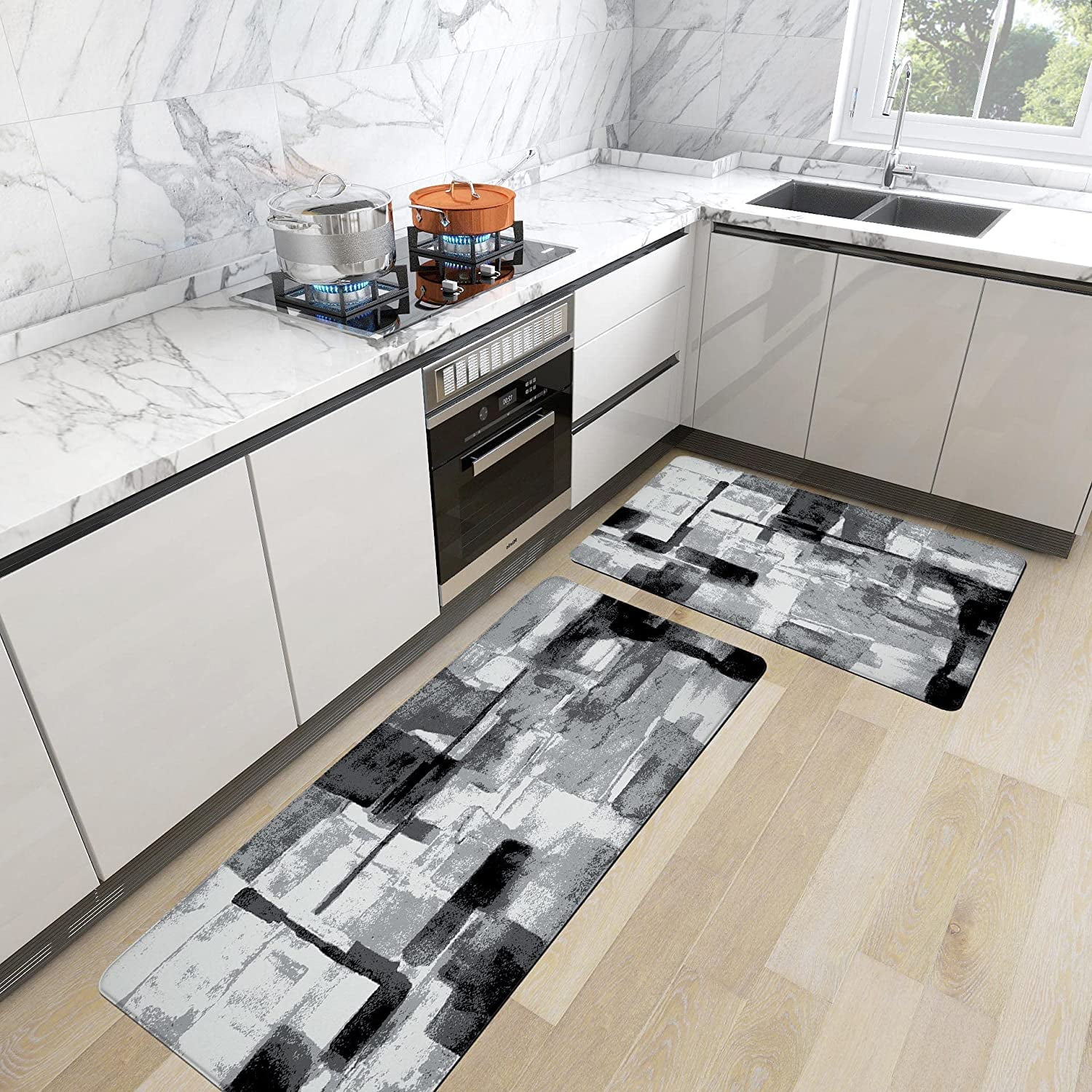 Black Grey Kitchen Rugs Mats Set 2 Pieces Abstract Modern Art Cushioned ...